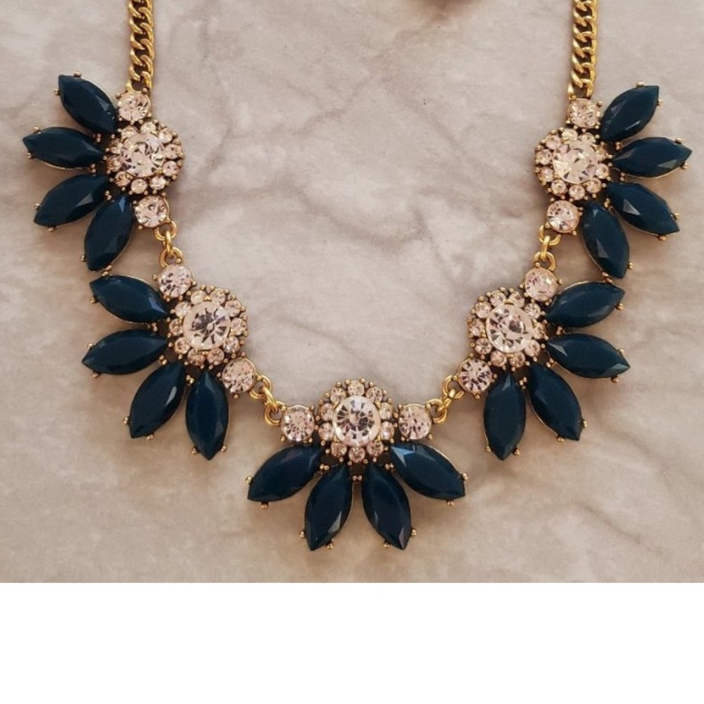 J.Crew Dark Teal Rhinestone Crystal Pave Fan Cluster Statement Necklace